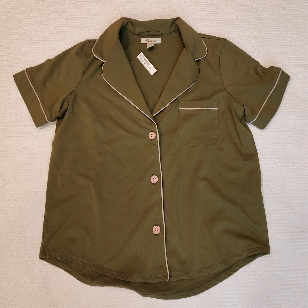 NWT Madewell Green Short Sleeve Button Up Cotton Jersey Pajama Top‎ Size Small